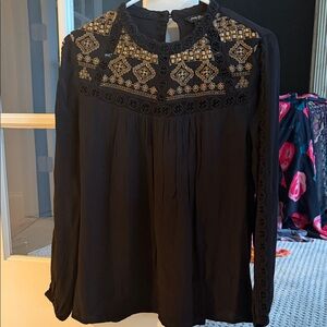 Lucky Brand Black and Gold Embroidered Blouse
